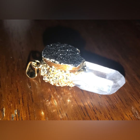 “Black Druzy & Clear Quartz” Crystal Pyramid Terminated Point Wand Gold Necklace - Picture 12 of 16